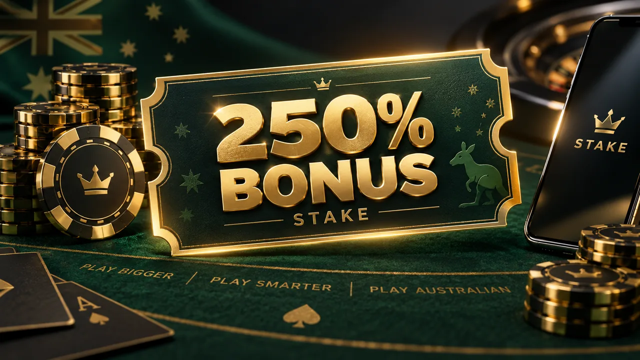 Stake branded 250 percent casino bonus ticket with gold chips