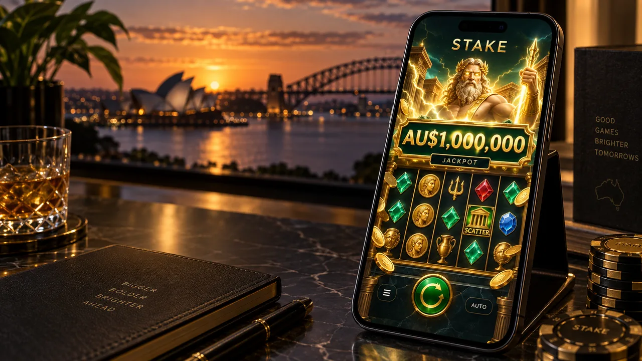 Stake branded phone mockup showing a mythic online pokie jackpot screen with AU$1,000,000