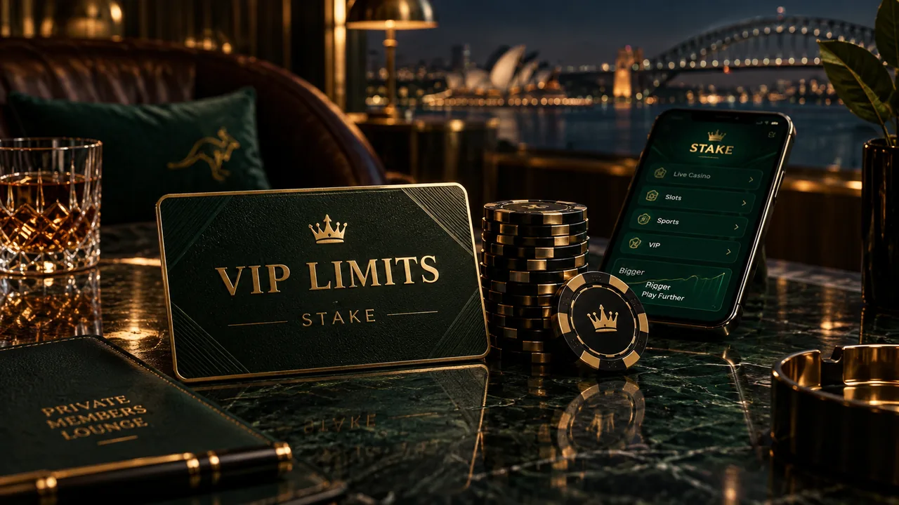Stake VIP limits card with premium chips and mobile casino dashboard